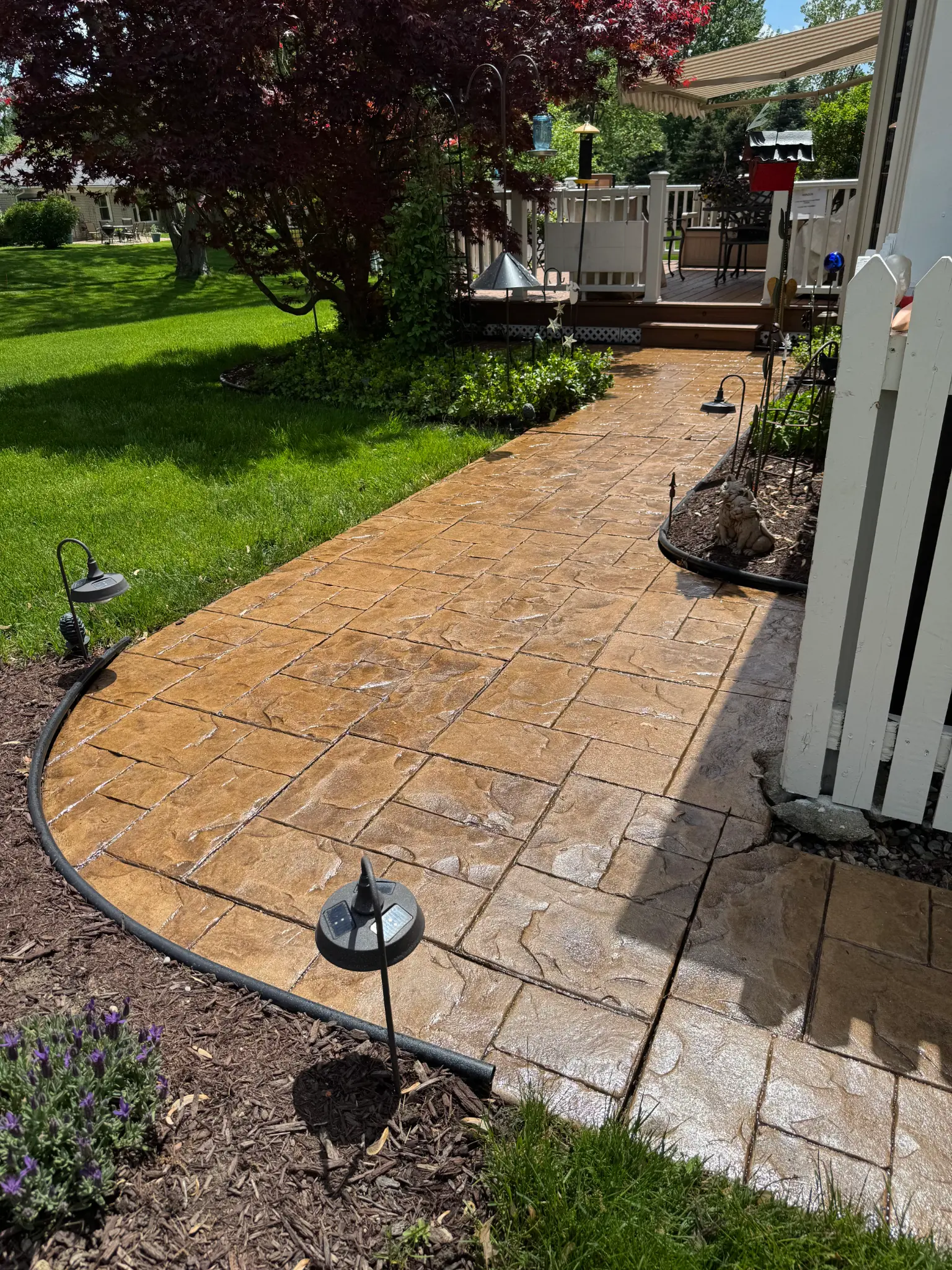 A real curved stamped concrete walkway sealed in the sun.