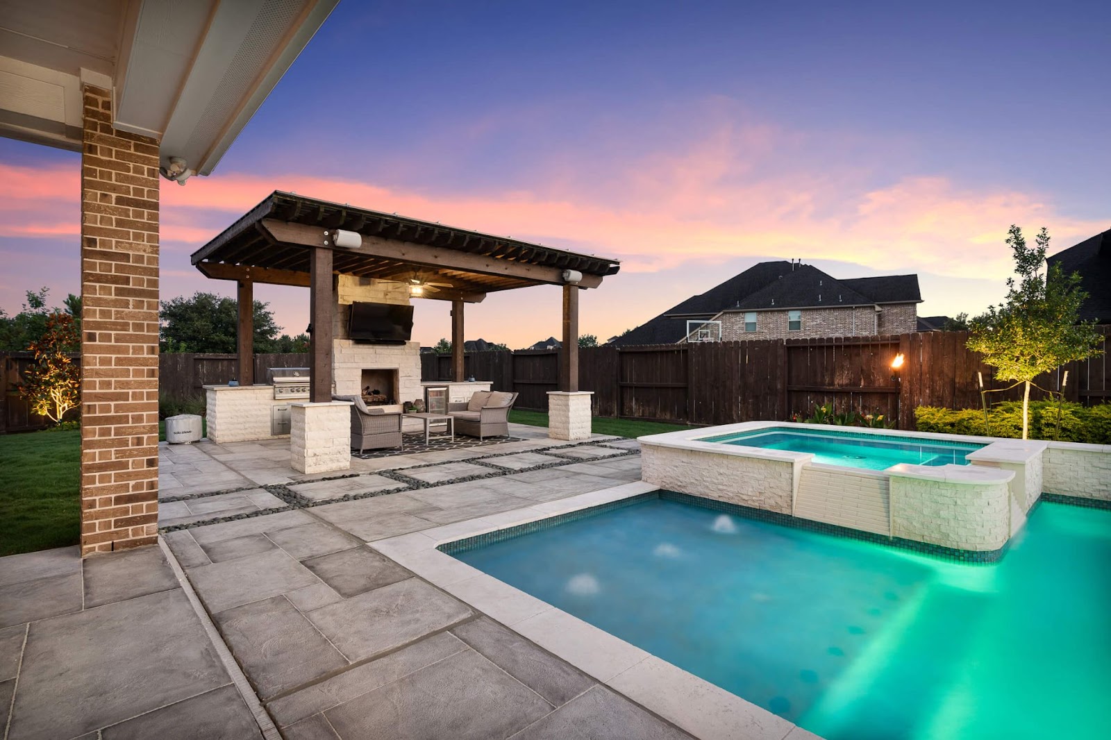 Stone surrounding a pool deck.