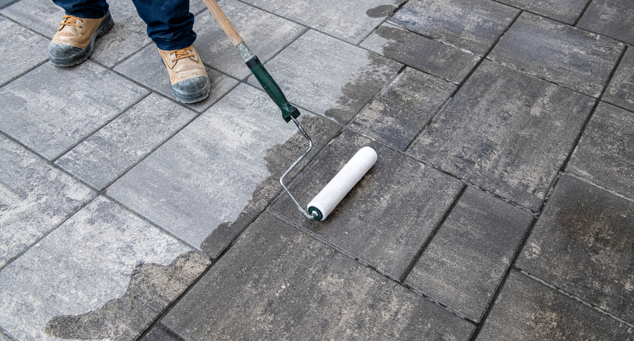 Sealer being applied to clean pavers.